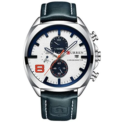 Image of Mens Leather Strap Chronograph Watches Classic Casual Dress Silver Stainless Steel Waterproof Date Analog Quartz Watch (Silver/White), Silver/white, Classic,