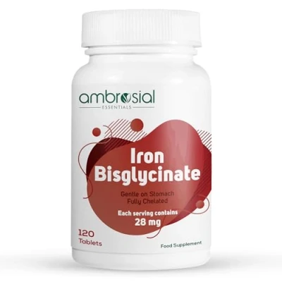 Image of Ambrosial Iron Bisglycinate High Absorption Supplements 28mg Gluten Free Supplements, Tiredness and Fatigue Strength Tablets for Women Men 120