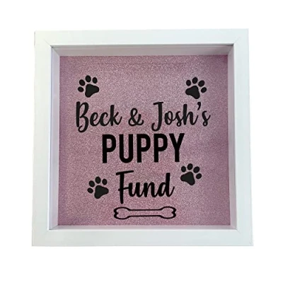 Image of Personalised Puppy Fund Savings Wooden Money Box (Pink Glitter)
