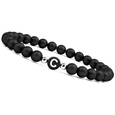 Image of bracelet with letters C for couples I partner real 6mm natural stone beads Valentines Day gift women and men