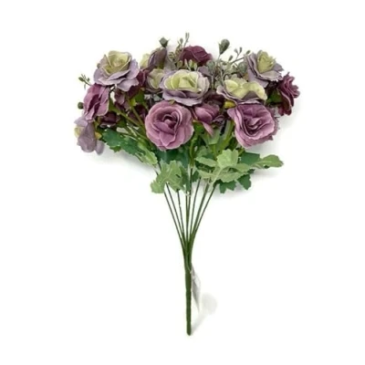 Image of AFS 9 Stem Multiple Head Mini Artificial Rose Bush Ivory Lilac Cream or Pink (Lilac &amp; Green)