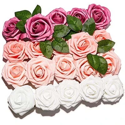 Image of PartyWoo Artificial Flowers, 20 pcs Roses with Stems, White Fake Foam Pink Flowers for Decoration, Wedding Decor, Room Decor