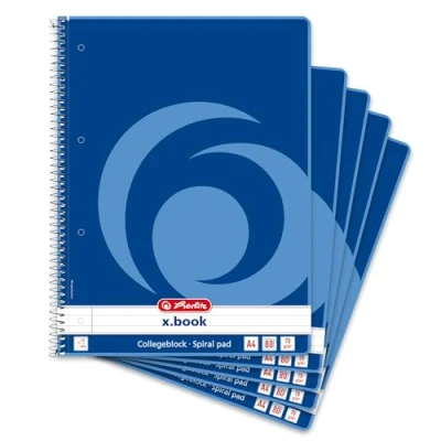 Image of Herlitz A4 Notepad, 80 Sheets, Squared, with Left Margin, 70 GSM, Pack of 5, 10834117 Lined