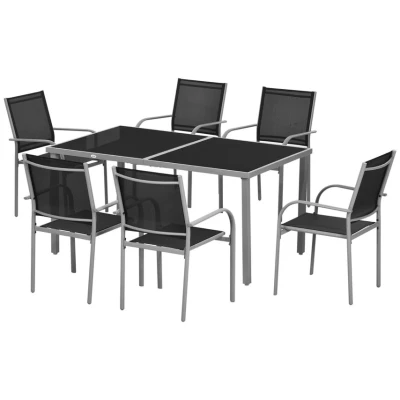 Image of Outsunny 7 Piece Garden Dining Set, Outdoor Table and 6 Stackable Chairs, Steel Frame, Tempered Glass Top Table, Mesh Seats, Black