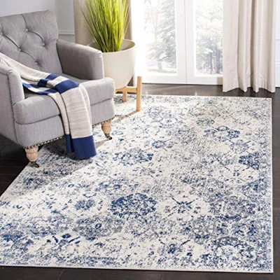 Image of Safavieh Modern Chic Rug for Living Room, Dining Bedroom Madison Collection, Short Pile, in White and Royal Blue, 122 X 183 cm