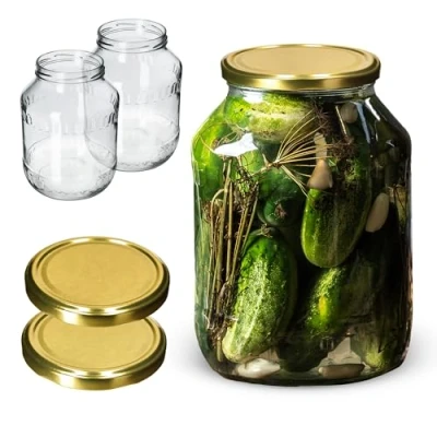 Image of KADAX Glass Jars 2.5 L, Round Preserve Storage with Wide Mouth, Large Preserving for Fermenting, Pickling Cucumbers (Set of 2, Gold Lids)