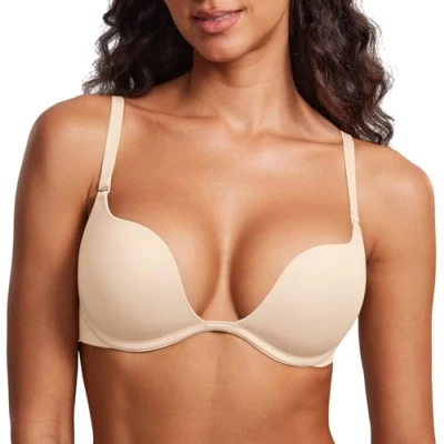 Image of DOBREVA Women&#039;s Push Up Bra Plunge Low Back Halter Convertible Padded Underwire Beige 34D