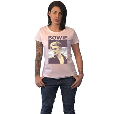 Image of David Bowie T Shirt Smoking Portrait Logo Official Womens Skinny Fit White L