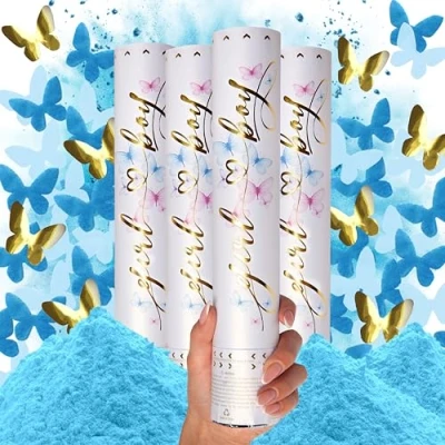 Image of Gender Reveal Confetti Cannon 4 Pk Blue Butterfly Shape Cannons and Smoke for Baby Ideas Large with Biodegradable Powder