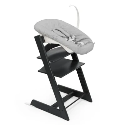 Image of Stokke Tripp Trapp Chair (Black) with Newborn Set (Grey) Cosy, Safe &amp; Simple to Use for Newborns Up 20 lbs