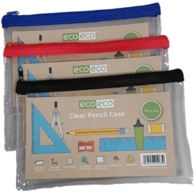 Image of eco 90% Recycled Clear Exam Transparent Pencil Case, Coloured Zips, Pack of 1, eco183
