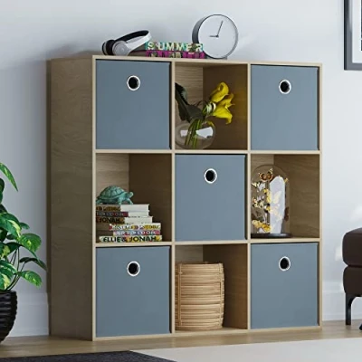 Image of Vida Designs Durham Cube Bookcase Storage Organiser Living Room Bookshelf Home Office Furniture (9 &amp; 5 Grey Baskets, Oak)