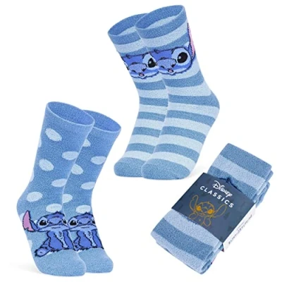 Image of Disney Stitch Slippers Socks Women 2 Pack Fluffy Non Slip Fleece Bed Minnie Mickey Mouse Baby Yoda (Blue Stitch)