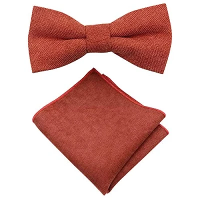 Image of Men&#039;s Luxury Cotton Blend Pre Tied and Adjustable Bow Tie &amp; Pocket Square Set (Rust Burnt Orange) suitable for formalwear, office, weddings, parties, grooms groomsmen outfits