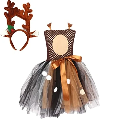 Image of PW TOOLS Reindeer Costume Kids Girls Tulle Tutu Princess Cosplay Dress With Headgear for