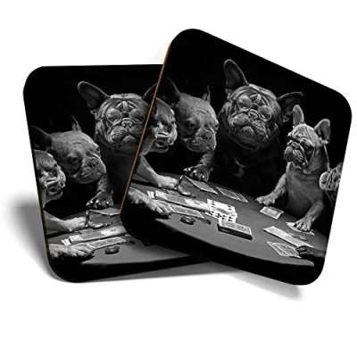 Image of 2 x Square Coasters French Bulldogs Playing Cards Dog Cork Backed Home Kitchen Accessory Tea Coffee Mug Mat #42897