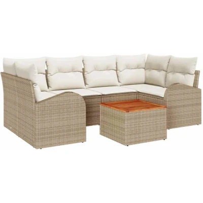 Image of vidaXL 7 Piece Garden Sofa Set with Cushions Beige Poly Rattan Acacia