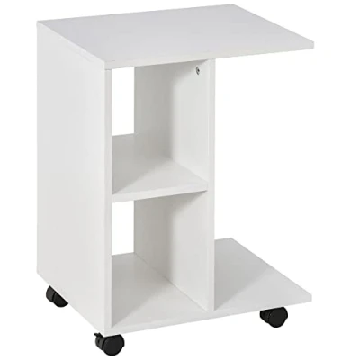 Image of HOMCOM C Shape End Table Unique Storage Unit w/ 2 Shelves 4 Wheels Freestanding Home Office Furniture Cabinet Square Studio White