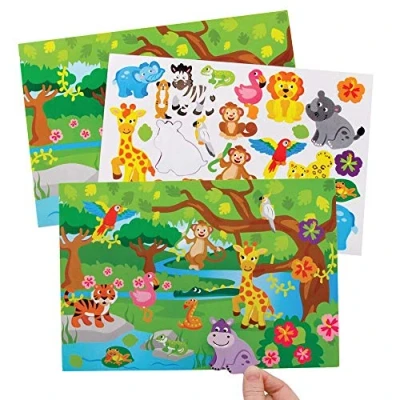 Image of Baker Ross FE284 Jungle Animal Stickers Scenes Pack of 5, for Kids, Great Children Arts and Craft Activities at Home, School Groups