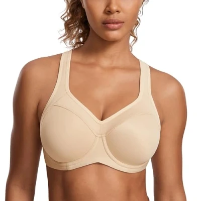 Image of SYROKAN Women&#039;s High Impact Sports Bra Underwire Full Support Racerback Padded Running Beige 36E