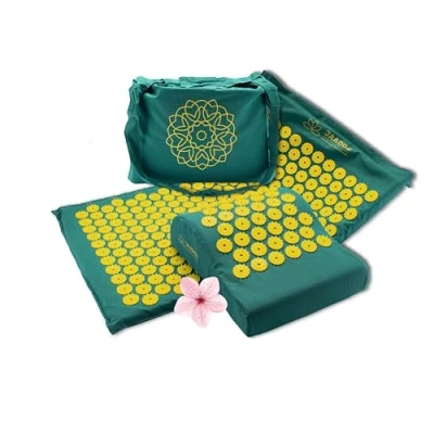 Image of Acupressure Mat with Pillow Perfect for Beginners (Memory Foam Adapts to Size) Pure Relaxation 100% Cotton Cover Battery Presuming Green