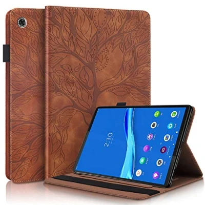 Image of CaseFun Case for Lenovo Tab M10 Plus Tree of Life Slim PU Leather Flip Wallet Stand Cover Anti Slip with Pencil Holder Card Holder, Brown