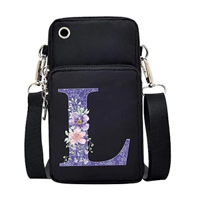 Image of FINDING CASE initial letter Printed Women Girls men Zipper Waterproof Nylon 3 Layers Crossbody Bags Wallet Cellphone Purse Shoulder Bag Wristlet Handbags Adjustable Strap (Purple flower L)