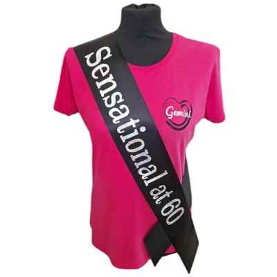 Image of 60th Birthday Sash 60 &amp; Sensational Beautiful Quality Black Ribbon and Holographic Silver Font