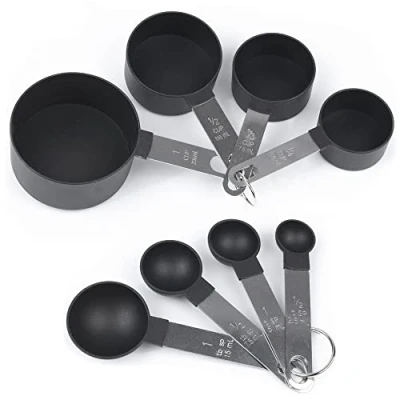 Image of Measuring Cups and Spoons Set with Stainless Steel Handles 8pcs, Plastic Cup Measurements &amp; Engraved Scale for Liquid Dry Ingredients, Kitchen Tools Cooking, Baking, Black