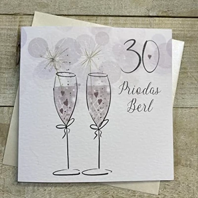 Image of WHITE COTTON CARDS 30 PRIODAS BERL (PEARL WEDDING ANNIVERSARY) FLUTES WITH SPARKLER WELSH ANNIVERSARY CARD, HANDFINISHED (W DA30)