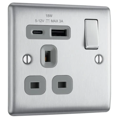 Image of BG Electrical Single Switched Power Plug Wall Socket with Type A USB and C Charging Ports, Fast Charge, Round Edges, Nexus Metal, Brushed Steel, Grey Inserts, 13A, 18W, NBS21UAC18G