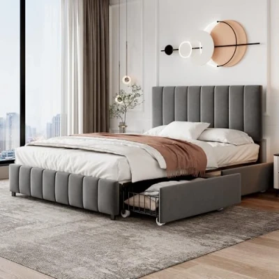 Image of Merax 4ft6 Double Upholstered Bed Frame with 4 Storage Drawers,Adjustable Channel Tufted Headboard,Velvet,Metal Wood Support, No Box Spring Needed, Easy Assembly, Grey (No Mattress)