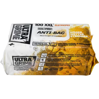 Image of UltraGrime PRO Anti Bac Cleaning Wet Wipes Big Size Professional Disposable Tougher Multi Purpose Heavy Duty Antibacterial Cloths (100 Thick Large Wipes)