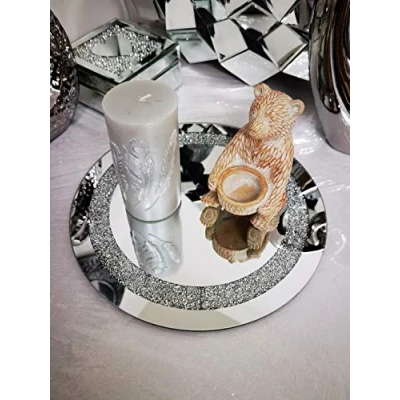 Image of Round Diamante Mirrored Crystal Candle Plate Holder Loose Jewel an Elegant Addition to Your Home Best Gift (30CM DIAMETER)