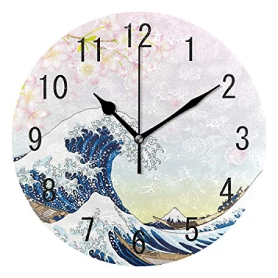 Image of Domoko Home Decor Japanese Ocean Wave Cherry Blossom Round Acrylic Wall Clock Non Ticking Silent Art Living Room Kitchen Bedroom