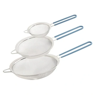 Image of Wiltshire Set of 3 Sieves, Stainless Steel Fine Wire Mesh Strainer with Non Slip Silicone Coated Handle, Colander &amp; Sifter, Sift Strain Drain Rinse, 10cm 15cm 20cm, Dishwasher Safe, Petrol Blue