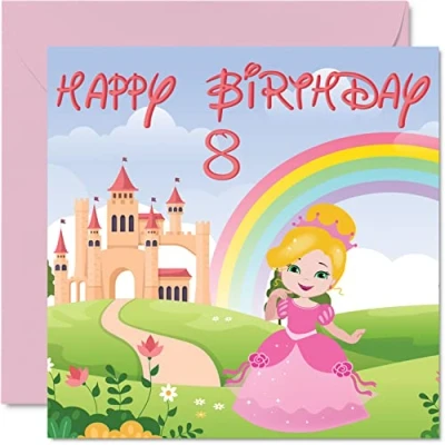 Image of 8th Birthday Card Girl Princess Castle Happy 8 Year Old Girl, Girls Eight Eighth Cards for Her, 145mm x Greeting Daughter Niece Granddaughter Kid Children