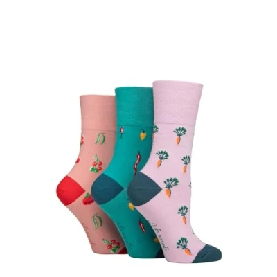 Image of Women&#039;s 3 Pair Gentle Grip RHS Royal Horticultural Society Patterned Cotton Socks Vegetables 4 8