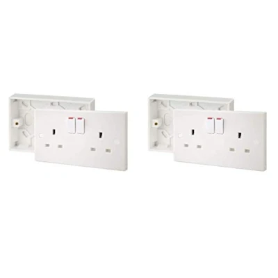 Image of SHP Electrical® 13A Double White Switched Socket &amp; Premium Surface Mount 25mm Pattress Box 2 Gang Set Electrical Outlets Screw Caps Included (2)