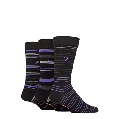 Image of Mens 3 Pair Farah Argyle, Patterned and Striped Cotton Socks Black / Purple Stripe 6 11