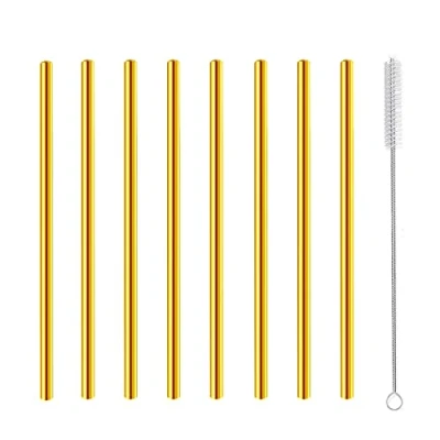 Image of Short Cocktail Straws, Metal Stainless Steel Reusable Straw Small Mini Coffee Stir Straws for Cocktails Party Accessories Glasses Mason Jar Tumbler Juice Tea Mojito Drinks with Brush, Gold 8 Pcs