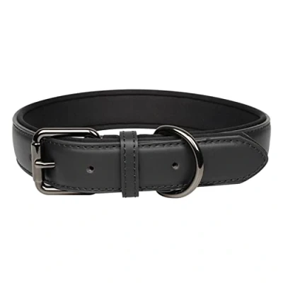 Image of OFHome Black Leather Dog Collar for Small Medium Large Dogs, Genuine Soft Padded Collars with Heavy Duty Buckle Adjustable Pet Collar, M