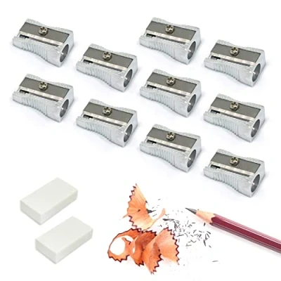 Image of 10pcs Aluminum Alloy Single Hole Pencil Sharpener with 2pcs Eraser, Handheld Simple Sharpener, School Supplies for Students, Studying, Painting, Pencils, Crayons, Eyebrow Pencils.