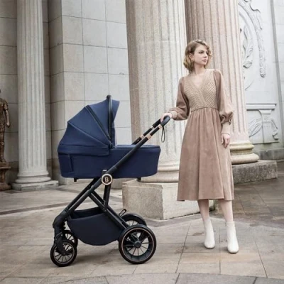 Image of Babymore Chia Pram Pushchair Safety Tested Travel System with All Accessories, Flip and Fold in Midnight Blue, Both Forward Rearward Facing, 0 4 Years Up to 22 Kg