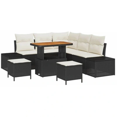 Image of vidaXL 8 Piece Garden Sofa Set with Cushions Black Poly Rattan Acacia