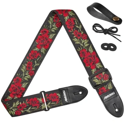 Image of Amumu Guitar Strap Vintage Jacquard Weave Flower Roses for Bass, Electric &amp; Acoustic Accessories