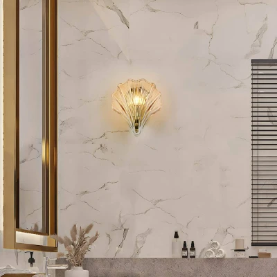 Image of Shell 1 Light Wall Lamp, Satin Brass Metal &amp; Amber Glass IP44