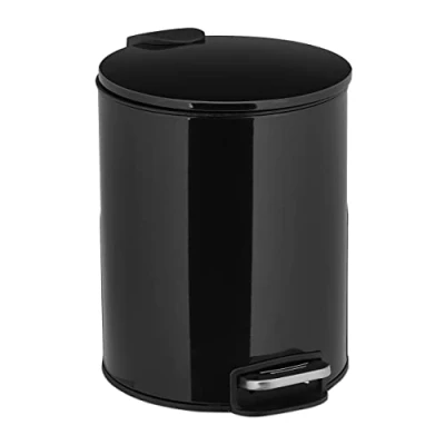 Image of Relaxdays Bathroom Waste, 5L, Round, Soft Close Cosmetics Trash Can, Matt Finish, Removable Inner Bin, Pedal, Black, Steel, 25 x 17 22 cm