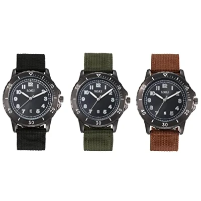 Image of JewelryWe Mens Military Watch Nylon Strap Analog Quartz Calendar Luminous Wristwatch Cool Business Casual Dress Watch, for Fathers Day