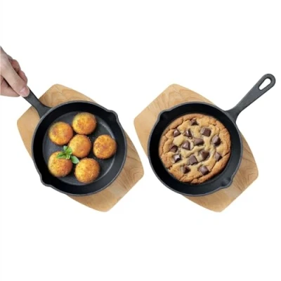 Image of Navaris Cast Iron Skillet With Wooden Base (Set of 2) Frying Pan Small Protective Wood Heavy Duty Metal Pans 6&quot; (15cm)